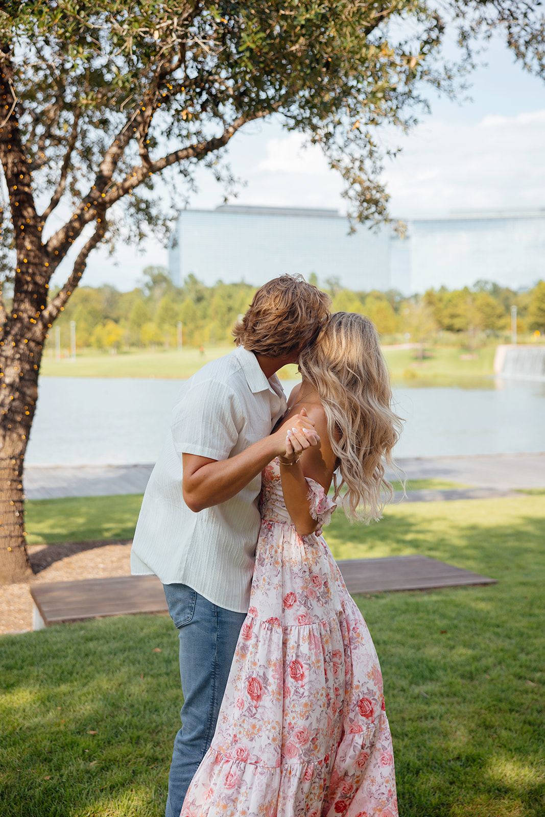 beautiful couple pose during their engagement photoshoot in Texas